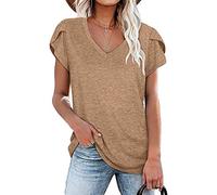 Mayntop Womens T-Shirt for Summer Tops Solid Colour Plain Short Sleeve Petal Sleeves Loose Fit Tee Blouse(A Khaki,XL(16))