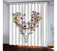 MAYNUO Bedroom Blackout Curtains 3D Super Soft Kids Floral Deer Skull Curtain For Living Room 104x94Inch 2Pcs Top Eyelet Room Darkning Blackout Thermal Insulated Ring