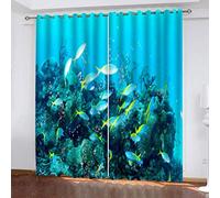 MAYNUO Blackout Curtains For Bedroom Blue Marine Small Fish Print 3D Pattern Eyelet Thermal Insulated Kids Boys Girls 55x62Inch Curtain For Living Room, 2 Panels