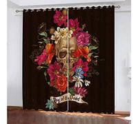 MAYNUO Children'S Blackout Curtains 3D Red Floral Skull Drop 2 Panels Curtain Light Blocking Thermal Eyelet Room Darkening 104x84Inch Print Pattern Window Drapes For Kids Bedroom