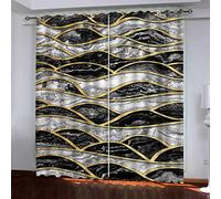 MAYNUO Eyelet Curtains 3D Black, White, And Gold Lines Printed Home Decoration Thermal Insulated Soft Curtain For Bedroom 78x78Inch Blackout Living Room