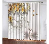 MAYNUO Window Curtains For Bedroom Living Room 3D Flower Butterfly Swan Printed Blackout Curtain 70x98Inch Print Drapes Set Of 2 Panels, Thermal Insulated Eyelet Drapes For Girls