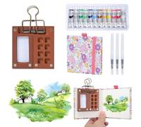 Mayoii 5Pcs Portable Mini Watercolour Paint Set, 8Grids Wood Pocket mini watercolour set, Lid Foldable Wooden Palette, Sketchbook Brush Watercolour for Painting Lovers(12 Colors)