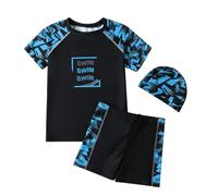 Mayoii Boys Swimming Costume,Big Kids Swim Trunks & Short Sleeve Rash Guard Shirt & Swim Cap,Two Piece Swimsuit T-Shirt Short Set (UK, Age, 8 Years, 9 Years, Regular, Standard, Blue Camouflage)