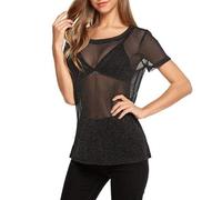 Mayoii Mesh Top Women's High Elasticity Mesh Hollow T-Shirt Black Sexy Perspective Polyester Festival Outfit Women (DE/NL/SE/PL, Alphanumeric, L, Regular, Black)
