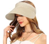 Mayoii Straw Visor Hat Women Sun Visor Hat Rollable Ladies Wide Brim Straw Foldable Summer Topless Sunhats for Womens Adjustable Beach Cap (UK, Alpha, One Size, Standard, Muiticolor-Off-White)