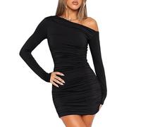 Mayoii Women's Black Mini Bodycon Dress - Off Shoulder, Ruched, Solid Color, Long Sleeve - UK Size XL, Regular Fit - Perfect for Parties, Weddings, and Nights Out