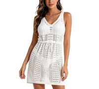 Mayoii Women's Crochet Beach Cover Up, V Neck Hollow Out with Drawstring Waist for Beachwear, Knit Beach Dress for Summer Holiday (White)
