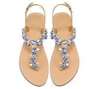 Mayou Women's Rhinestone Flat Sandals, Women's Flip Flops with Beadeed Rhinestone Crystal Jewelled Sandal Shoes for Summer Beach Ocean Holiday Outdoor (9 M US, Blue, 9)