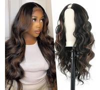 Mayouda Long Wavy V Neck Wig Black Highlight Brown U Part Synthetic Water Wave Wigs for Black Women Full Head Clip in Hair Glueless Synthetic