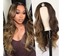 Mayouda V Part Wig Long Wavy Synthetic V Shape Wigs for Black Women Full Head Clip in Hair Glueless Synthetic Wig Highlight Blonde (Brown with Blonde)