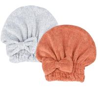 MAYOUTH Microfibre Hair Drying Towels Head wrap 2-Pack with Bow-Knot Shower Cap Hair Turban hairWrap Bath Cap for Curly Long & Wet Hair Gift for Women (SalmonRed+Heathered Grey)