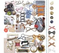 Mayplous 2 Packs Vintage Scrapbook Paper and Sticker Set - Sewing Theme Die-Cut Paperboard Retro Stickers with Cord, Bowknot & Button for Junk Journal, Scrapbooking, Handicrafts & Decoupage (Miller)