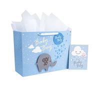 MAYPLUSS 16" Extra Large Gift Bag with Greeting Card and White Tissue Paper - Cute Baby Boy 3D Making Blue Elephant Theme Gift Bags for Baby Shower, Birthday, Celebration, Newborn