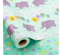 MAYPLUSS Baby Shower Wrapping Paper Roll - 17Inch x 33Feet - Cute Reversible Welcome Baby Boy Green Elephant Theme Newborn Gift Wrap Christening Paper for New Mommy Baby Shower, Birthday, Celebration
