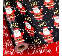 MAYPLUSS Black Christmas Wrapping Paper, Santa Wrapping Paper, Metallic Foil Luxury Santa Claus and HO Design Hoilday Gift Wrap for Gift Packaging, Festive Decoration (Mini Roll, 17 Inch X 33 Feet)