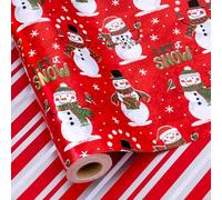 MAYPLUSS Christmas Snowman Wrapping Paper Roll, Red Christmas Gift Wrap, Reversible Festive Snowman and Stripe Festive Holiday Gift Wrap for Winter Presents, Seasonal Decorations (17 Inch X 33 Feet)