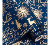 MAYPLUSS Christmas Wrapping Paper, 17in x 33ft Blue NOEL Flower Gift Wrap | Gold Christmas Tree, Berry, Reindeer, Snowflake, Holiday New Year Party