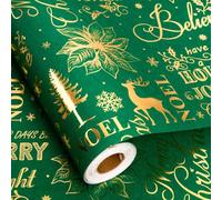MAYPLUSS Christmas Wrapping Paper, 17in x 33ft Green NOEL Flower Gift Wrap | Gold Christmas Tree, Berry, Reindeer, Snowflake, Holiday New Year Party