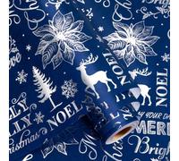 MAYPLUSS Christmas Wrapping Paper, Blue Silver NOEL Flower Gift Wrap | 17in x 33ft, Gold Christmas Tree, Berry, Reindeer, Snowflake, Holiday New Year Party