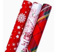 MAYPLUSS Christmas Wrapping Paper Rolls - 17" X 120" Per Roll - Classic Vintage Funky Red Santa Claus, Snowflakes, and Plaid Pattern Christmas Gift Wrap Present Paper for Holiday, Festive Celebrations