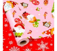 MAYPLUSS Gnome Christmas Wrapping Paper, Reversible Pink Christmas Wrapping Paper, Cute Gnomes，Holly Berry & Snowflakes Holiday Gift Wrap Present for Packaging Supply (Mini Roll, 17 Inch X 33 Feet)
