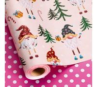 MAYPLUSS Gnome Christmas Wrapping Paper, Reversible Pink Wrapping Paper, Cute Gnomes, Christmas Tree Holiday Gift Wrap Present for Packaging Supply (Mini Roll, 17 Inch X 33 Feet)