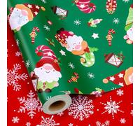 MAYPLUSS Gnome Wrapping Paper Roll, Reversible Green Christmas Wrapping Paper, Adorable Gnome Winter Holiday Gift Wrap With Snowflakes Design for Present Wrap, Packaging Supply (17 Inch X 33 Feet)