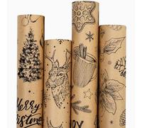 MAYPLUSS Kraft Christmas Wrapping Paper Jumbo Roll - 30 In X 120 In Per Roll - Vintage Brown Kraft Christmas Ornaments, Gingerbread Cookies, Pinecone & Deer Print Winter Gift Wrap for Rustic Holiday
