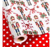MAYPLUSS Nutcracker Christmas Wrapping Paper Roll, Reversible Vintage Nutcracker, Bow, and Candy Cane Pattern Holiday Gift Wrap with Gold Merry Christmas Backing for Party Birthday (17 Inch X 33 Feet)