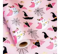 MAYPLUSS Pink Halloween Wrapping Paper, Cute Ghosts Wrapping Paper, Metallic Foil Ghost, Black Bat, Spider Witch Hat Theme Gift Wrap for Halloween Decoration, Party, Christmas Nightmare (17In X 33Ft)