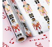 MAYPLUSS Pink Nutcracker Wrapping Paper Roll, Reversible Christmas Wrapping Paper, Metallic Foil Elegant Vintage Nutcracker Gift Wrap w/Candy Cane for Present Packaging (Mini Roll, 17 Inch X 33 Feet)