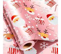 MAYPLUSS Pink Reversible Christmas Wrapping Paper, Girl Wrapping Paper, Metallic Foil Santa, Reindeer, Joy Candy, and Snowflake Pattern Festive Gift Wrap