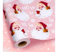 MAYPLUSS Pink Santa Wrapping Paper, Girl Christmas Wrapping Paper, Reversible Vintage Santa Claus, Snowflakes Theme Christmas Gift Wrap for Holiday Present Packaging (Mini Roll, 17 Inch X 33 Feet)