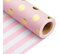 MAYPLUSS Pink Wrapping Paper Roll - 17 Inch X 16.5 Feet - Luxury Reversible Metallic Foil Gold Polka Dot with Stripe Design Gift Wrap for Birthday, Baby Shower, Bridal Shower, Weddings, Gender Reveal