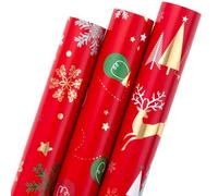 MAYPLUSS Red Christmas Wrapping Paper Rolls - 17" X 120" Per Roll - Vintage Funky Red Deer, Christmas Oranments, and Snowflakes Pattern Holiday Gift Wrap Present Paper for Festive Celebrations