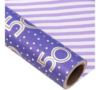 MAYPLUSS Reversible Birthday Wrapping Paper Roll - Mini Roll - 17.3 Inch X 32.8 Feet - Purple 50th Birthday with Glitter Metallic Foil/Stripes (47.3 sq.ft.ttl)