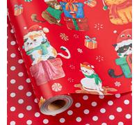 MAYPLUSS Reversible Cat Christmas Wrapping Paper, Christmas Cat Gift Wrap, Festive Red Puppy Animals Wrapping Paper for Gift Packagings, Festive Birthdays (Mini Roll, 17 Inch X 33 Feet)
