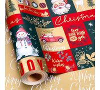MAYPLUSS Reversible Christmas Wrapping Paper - 17Inch x 33 Feet - Classic Vintage Funky Red Santa Claus stamp Christmas Gift Wrap Present Paper for Christmas Eve, Holiday, Festive Celebrations