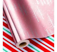 MAYPLUSS Reversible Christmas Wrapping Paper, Pink Wrapping Paper, Elegant Winter Forest Tree Design with Metallic Foil Shine for Gift Packaging, Holiday Presents (Mini Roll, 17 Inch X 33 Feet)