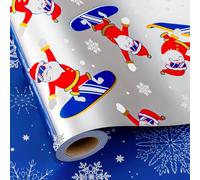 MAYPLUSS Reversible Christmas Wrapping Paper Roll - 17Inch X 33Feet - Funny Metallic Foil Athletic Santa Claus Skating Snow Pattern Winter Gift Wrap Paper for Christmas, Holiday, Party, Celebration