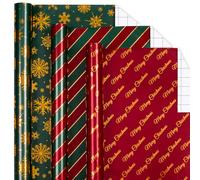 MAYPLUSS Shiny Christmas Wrapping Paper - 17In x 120In Per Roll - Classic Red & Green Stripe, Forest Green & Gold Snowflake, Red & Gold Merry Christmas Text Design Gift Wrap Paper for Holiday, Party