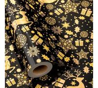 MAYPLUSS Shiny Christmas Wrapping Paper Roll - 17 Inch X 33 Feet - Luxury Metallic Foil Golden Reindeer Gift Snowflake Star on Black Design Winter Holiday Gift Wrap Paper for Party Birthday Wedding