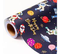 MAYPLUSS Space Birthday Wrapping Paper, 17 Inch X 16.5 Feet, Gift Wrap | Navy Blue Astronaut Galaxy Planets Stars for Kids Birthday Outer Space RocketShip Party Decor