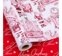 MAYPLUSS Vintage Santa Christmas Wrapping Paper, Reversible Red Christmas Toile Gift Wrap Fireplace Bow Holiday Gift Wrapping Paper for Present Packaging, Craft Suppy (Mini Roll, 17 Inch X 33 Feet)
