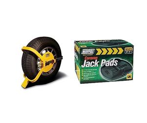 Maypole MP9065 13″-17″ Wheel Clamp, tyre Width 175mm to 215mm & MP4976 Caravan Jack Pad (Pack of 4) - Black