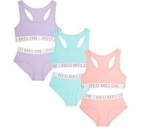 Mayra Hosiery Red Melon | 3 Pack Set | Girls Crop Top Training Bra & Knicker Set | Glitter Jacquard Waistband | 95% Cotton 5% Elastane | Ages 7-13 Years (Set 2 - Coral Mint Purple, 11-12 Years)