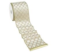 MAYREEL 4 Inch Ivory and Gold Velvet Wired Ribbon Metallic Diamond Glitter Grid for Christmas Gift Wrapping Floral Craft Bows Wreaths Garland Wedding Holiday Decor 10 Yards