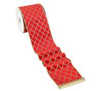 MAYREEL Red and Gold Christmas Tree Ribbon 4 Inch, Metallic Diamond Glitter Red Velvet Wired Edge Lattice Ribbon for Gift Wrapping, Floral Craft, Bows, Wreaths, Garland, Holiday Decor,10 yd