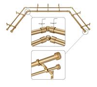 Mayrhyme Warm Gold Double Corner Window Curtain Rods with Aluminum End Cap Finials and Brackets,1 Inch Diameter Dual Bay Window Curtain Rods, Adjustable 2 Sided 20-36" and 36-72" Center Double Rod